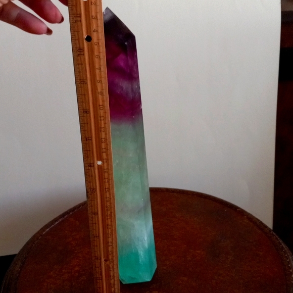 Flourite crystal obelisk tower. Purple, silver & mint green. 11" height. - Picture 9 of 9